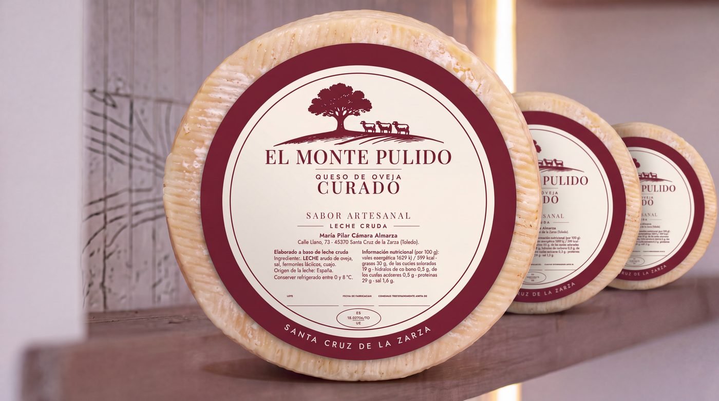 Ruedas de queso curado El Monte Pulido con etiqueta granate