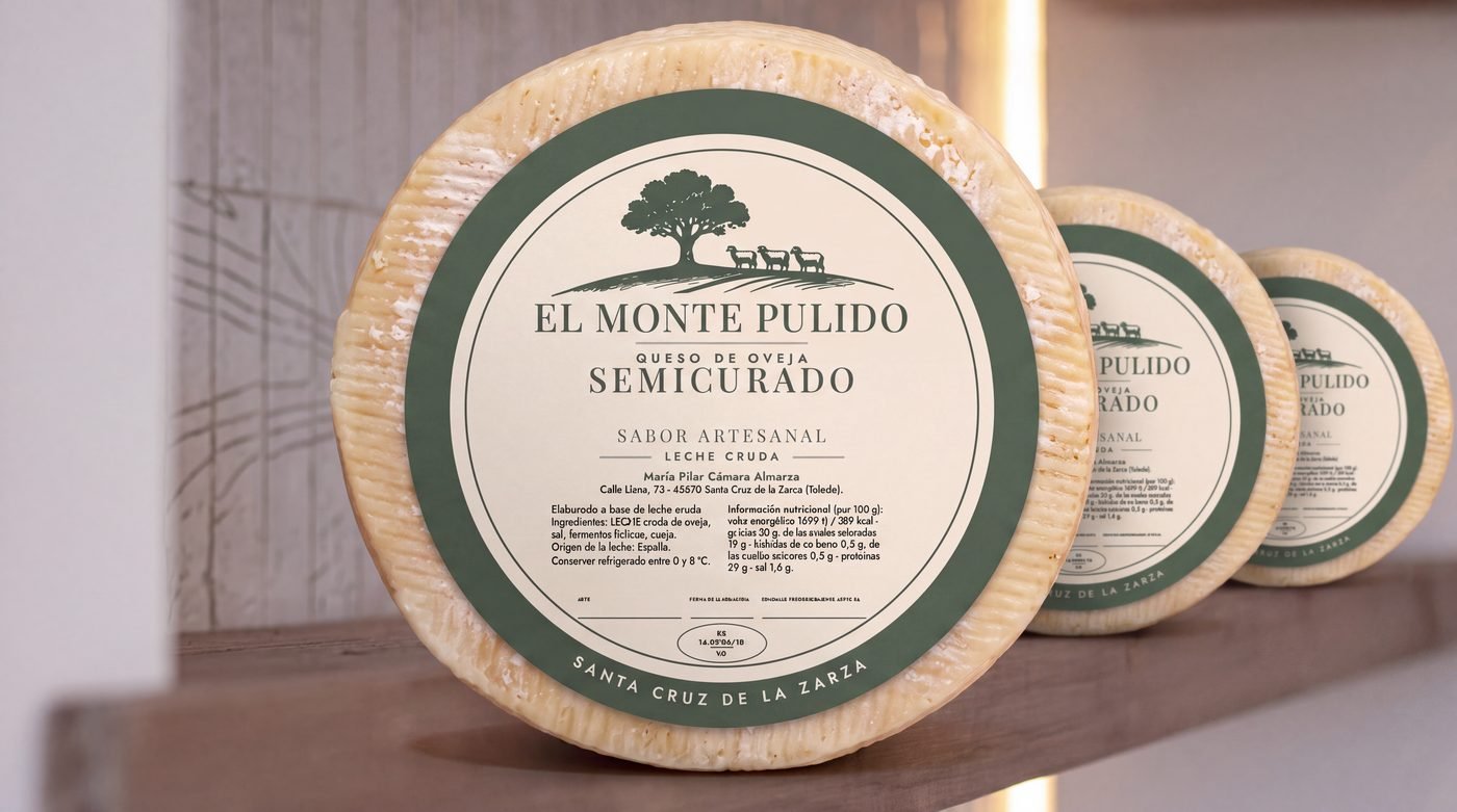 Ruedas de queso semicurado El Monte Pulido con etiqueta verde dehesa